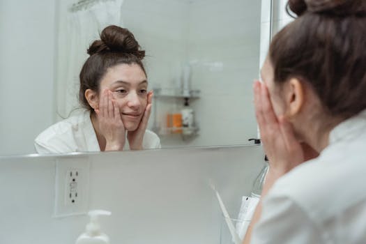 Woman applying skincare in front of a mirror, enjoying her morning beauty ritual indoors.