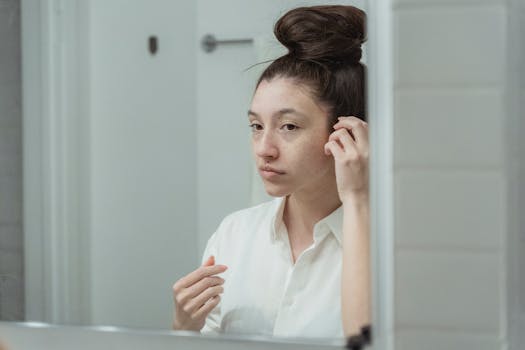 A young woman with a hair bun adjusts her hair while looking at her reflection in a bathroom mirror.