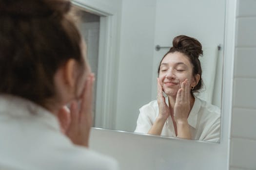 Woman applying soap to her face, reflected in the bathroom mirror, enjoying a skincare routine.