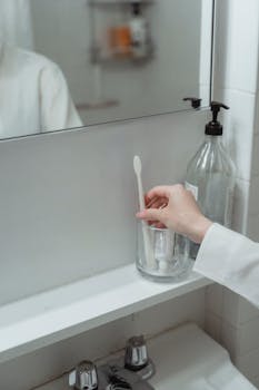 A reflective bathroom scene showing a person's hand reaching for a toothbrush inside a glass cup.