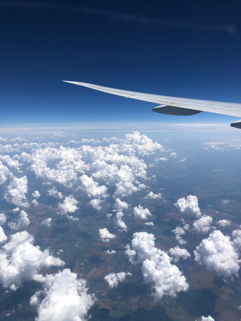 View of an airplane wing flying above fluffy white clouds against a deep blue sky from Adana, Türkiye.