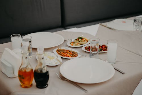 Served table with dishware in restaurant