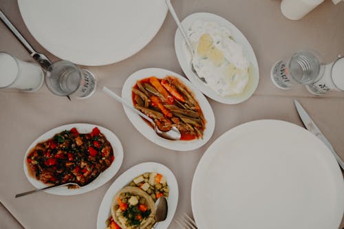 Various dishes on table in restaurant