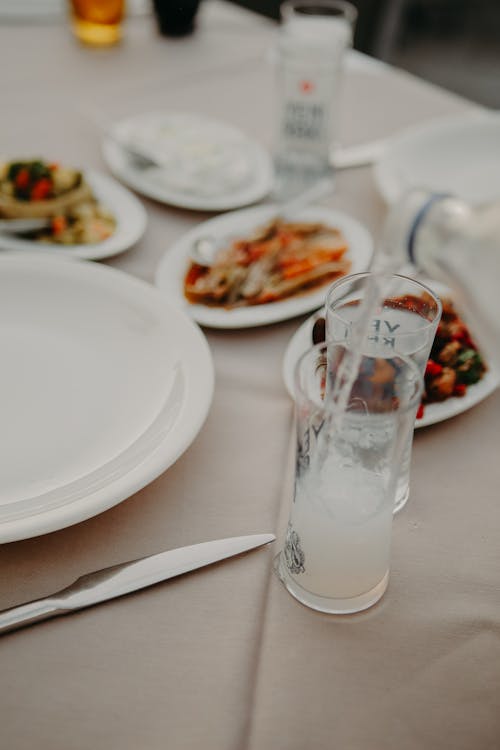 Beverages on table with dishes