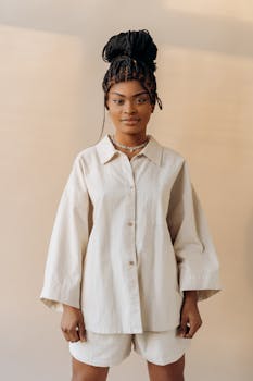 Beautiful black woman in fashion-forward attire, posing in a studio with braided hair and a stylish expression.