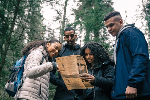 Free Diverse group of friends hiking in the forest, examining a map together. Stock Photo