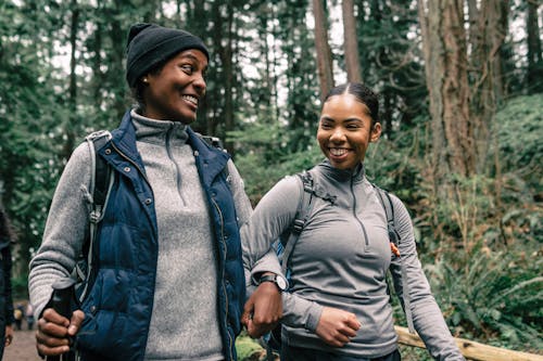 Women Having Fun Hiking in a Forest