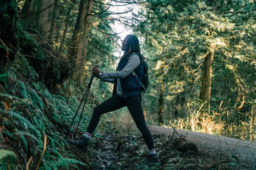 Free A woman hiker with trekking poles explores a green forest trail, showcasing nature and adventure. Stock Photo