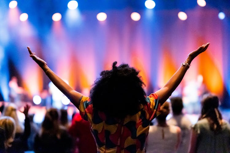 Unrecognizable Black Spectator Enjoying Concert In Hall