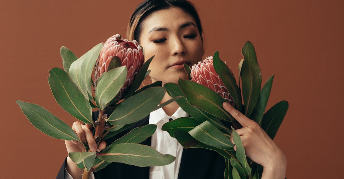 Elegant Asian woman smelling pink exotic Protea flowers