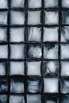 Detailed close-up of ice cubes arranged in a tray, capturing their texture and coldness.