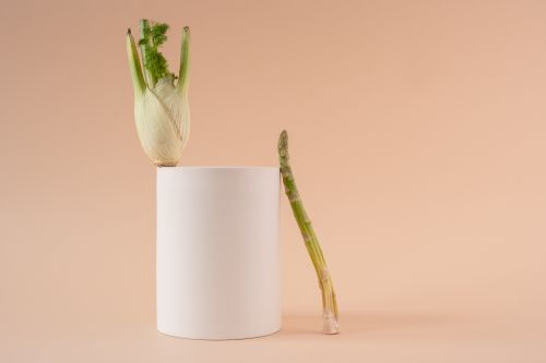 Free A minimalist still life image featuring asparagus and fennel on a geometric white cylinder against a beige background. Stock Photo