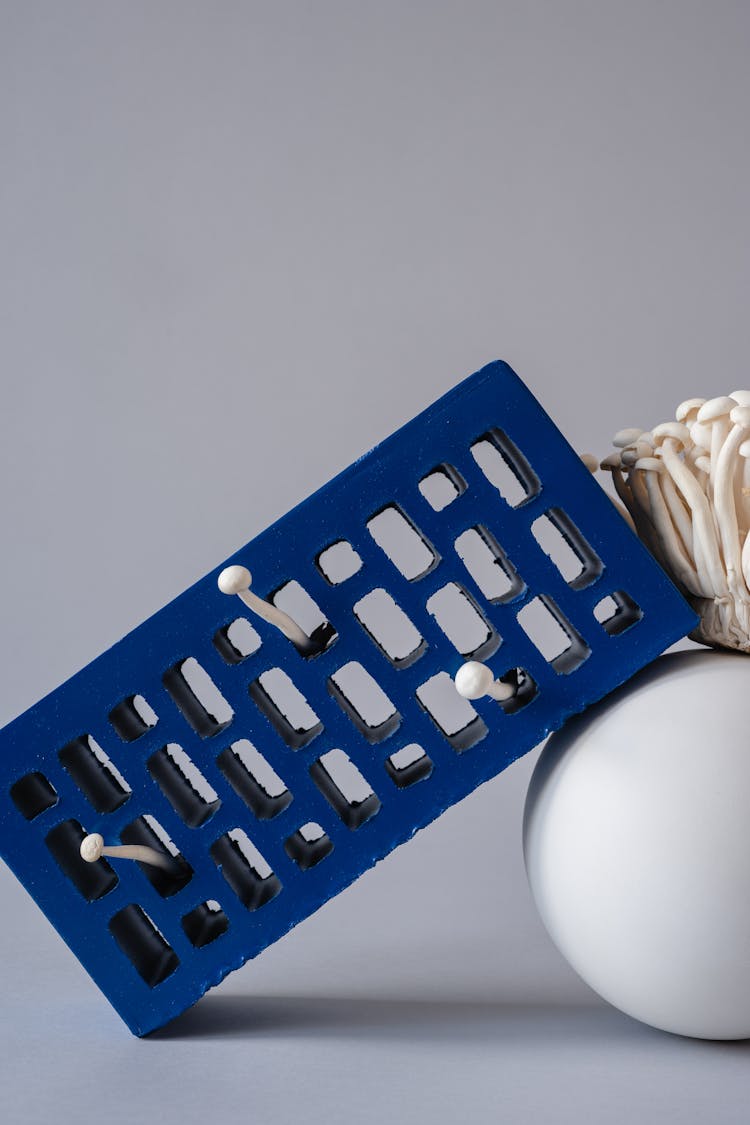 White Mushrooms On Blue Brick