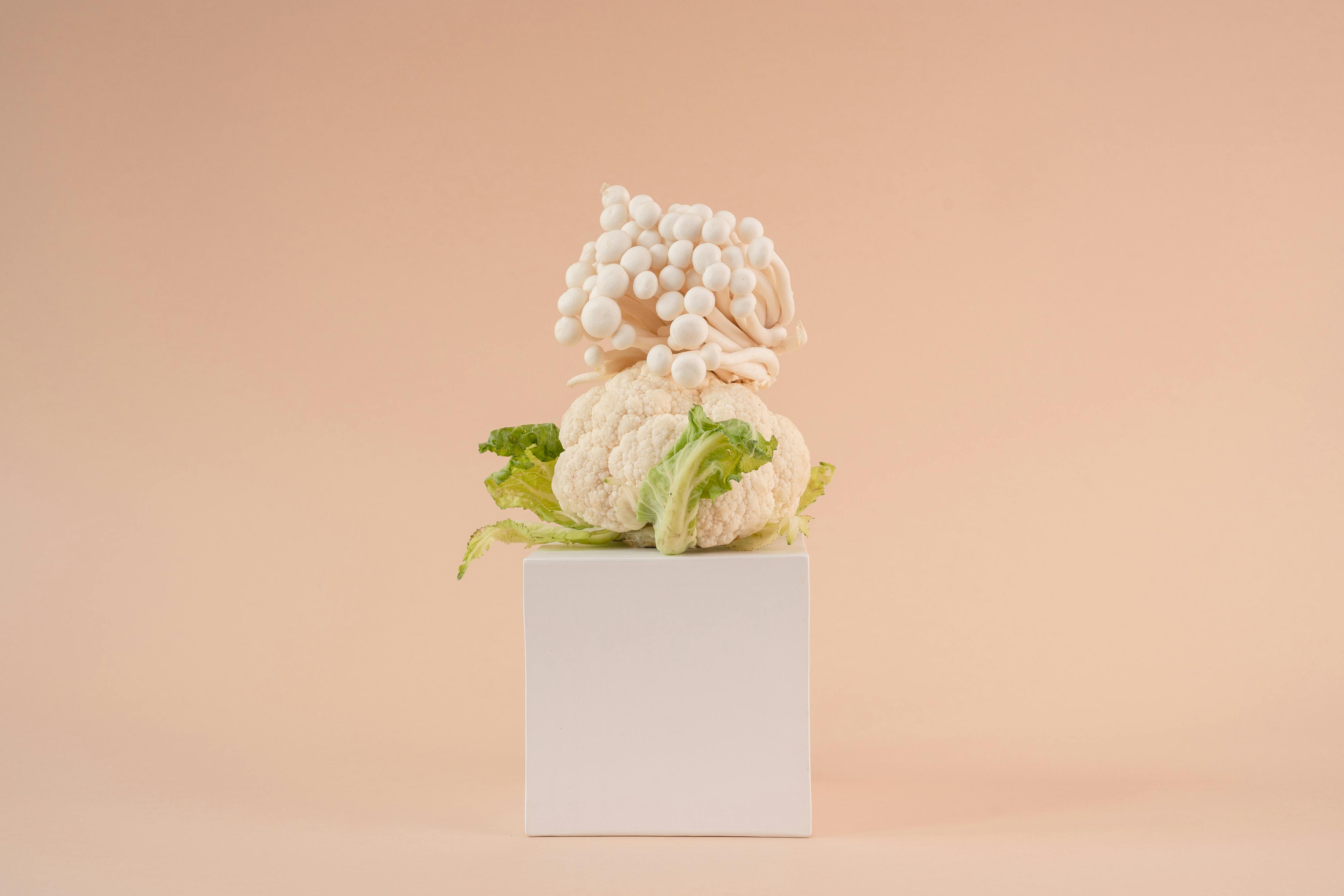 A minimalist composition featuring cauliflower and mushrooms on a geometric shape with copy space.