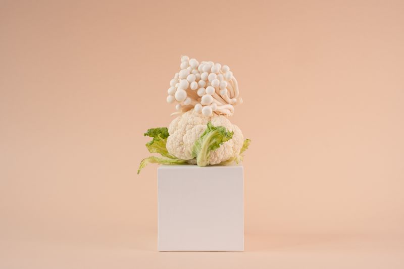 A minimalist composition featuring cauliflower and mushrooms on a geometric shape with copy space.