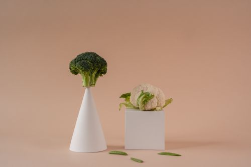 Free A minimalist food photography capturing broccoli and cauliflower on geometric shapes with a beige background. Stock Photo