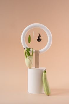 Creative still life featuring vegetables in an abstract setup with neutral tones.