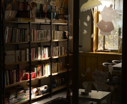 温暖的阳光照亮了图书馆舒适的角落，木制书架上摆满了书籍