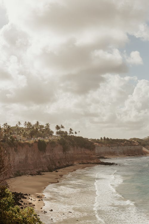 Picturesque landscape of foamy wavy ocean washing sandy beach near rough rocky cliffs with green plants under cloudy sky in daytime