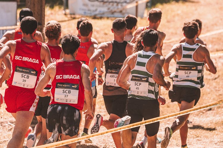 Back View Of A Group Of Men Running 