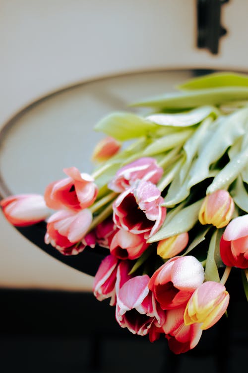 Tulips with Green Leaves on the Table