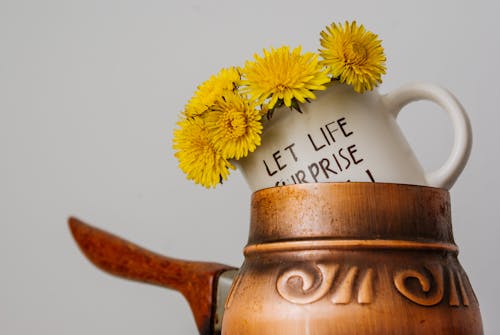 Ceramic cup with fresh aromatic yellow dandelions placed in jezve against light wall in room