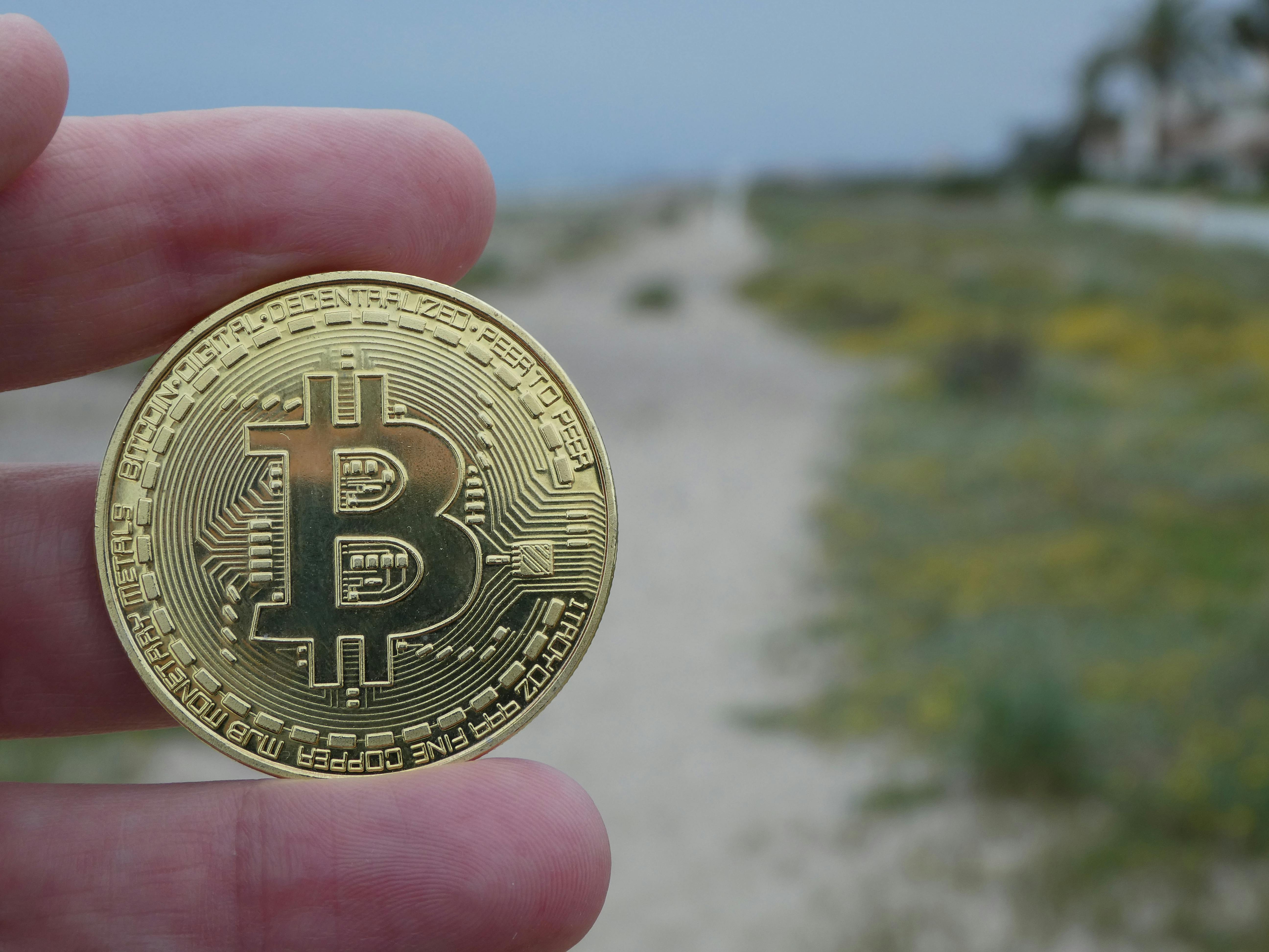 a hand holding a gold round coin