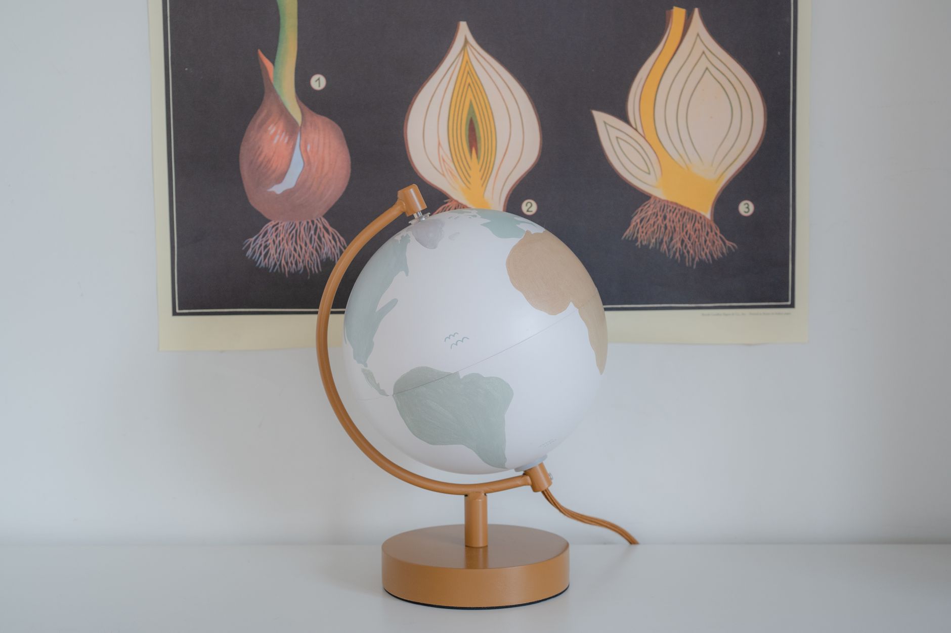 A stylish globe sits on a white table with a botanical poster backdrop, ideal for educational decor.