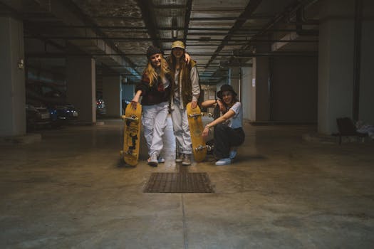 Three women posing with skateboards inside a dimly lit parking garage.