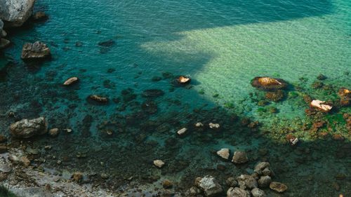 Free An aerial shot capturing the serene, clear waters and rocky shoreline, showcasing nature's beauty. Stock Photo