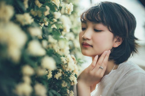 Gratis lagerfoto af asiatisk kvinde, blomster, hånd på kind