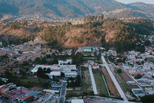 Aerial View of Town Buildings and Trees