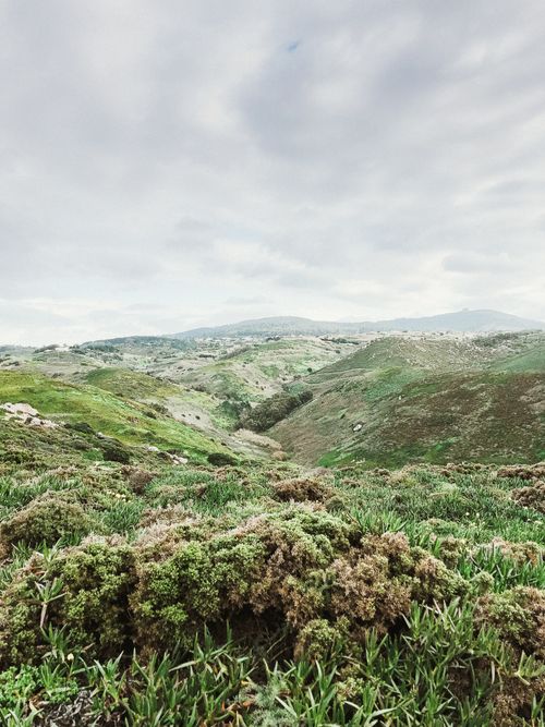 Free Breathtaking view of lush green rolling hills under a cloudy sky in Colares, Portugal. Stock Photo
