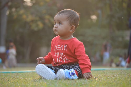 A Cute Baby Boy in Red Sweater Sitting on the Grass
