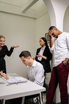 A group of office employees having a tense discussion indoors. Emotions run high.