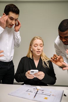 Group of colleagues discussing ideas in a modern office setting with documents and smartphone.
