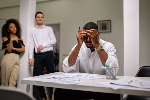 Stressed businessman sitting with hands on head while colleagues stand nearby in office.