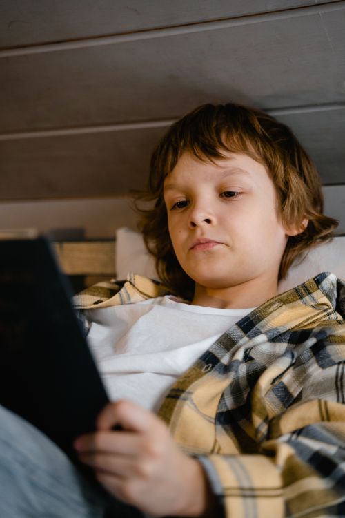 Free A young boy focusing on his tablet while relaxing indoors, wearing a plaid shirt. Stock Photo