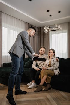 A real estate agent shows a document to an attentive couple seated on a sofa, indoors.