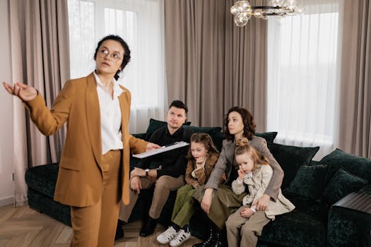 A real estate agent presenting property options to a family in a living room setting.