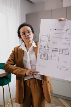 A realtor in business attire holds a detailed floor plan inside a modern office.