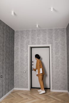 Woman in brown suit viewing a new home interior, standing by a modern door in an empty room.
