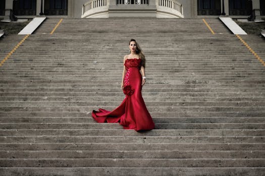 Fashionable woman in a stunning red dress gracefully posing on a grand staircase.