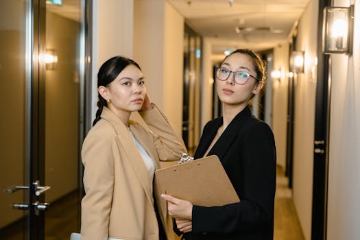 Two professional women in suits standing confidently in an office hallway.