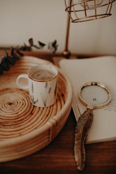 Warm setting with coffee cup, rattan tray, and vintage magnifying glass.