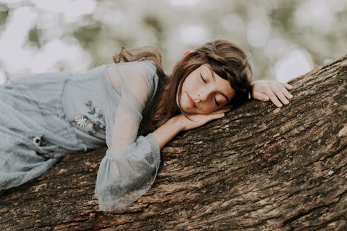 Cute girl sleeping on tree