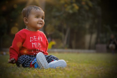 Free Boy in Red Sweater Sitting on Grass Stock Photo