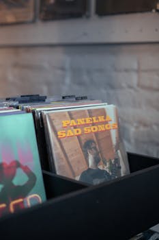 A collection of vintage vinyl records on a shelf in a music store, capturing a retro vibe.