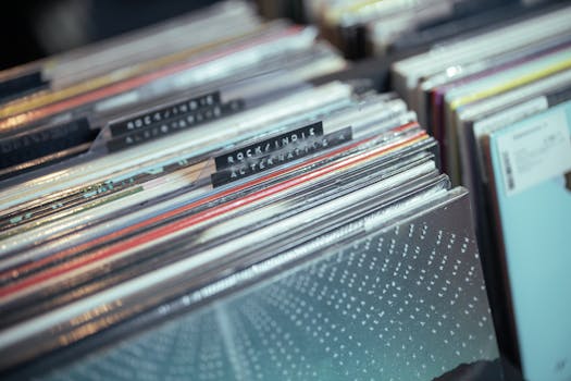 Close-up of vinyl records in a music store, featuring rock and indie selections.