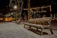 圣保罗市明尼苏达州冬夜宁静，长凳上白雪皑皑，树灯闪烁
